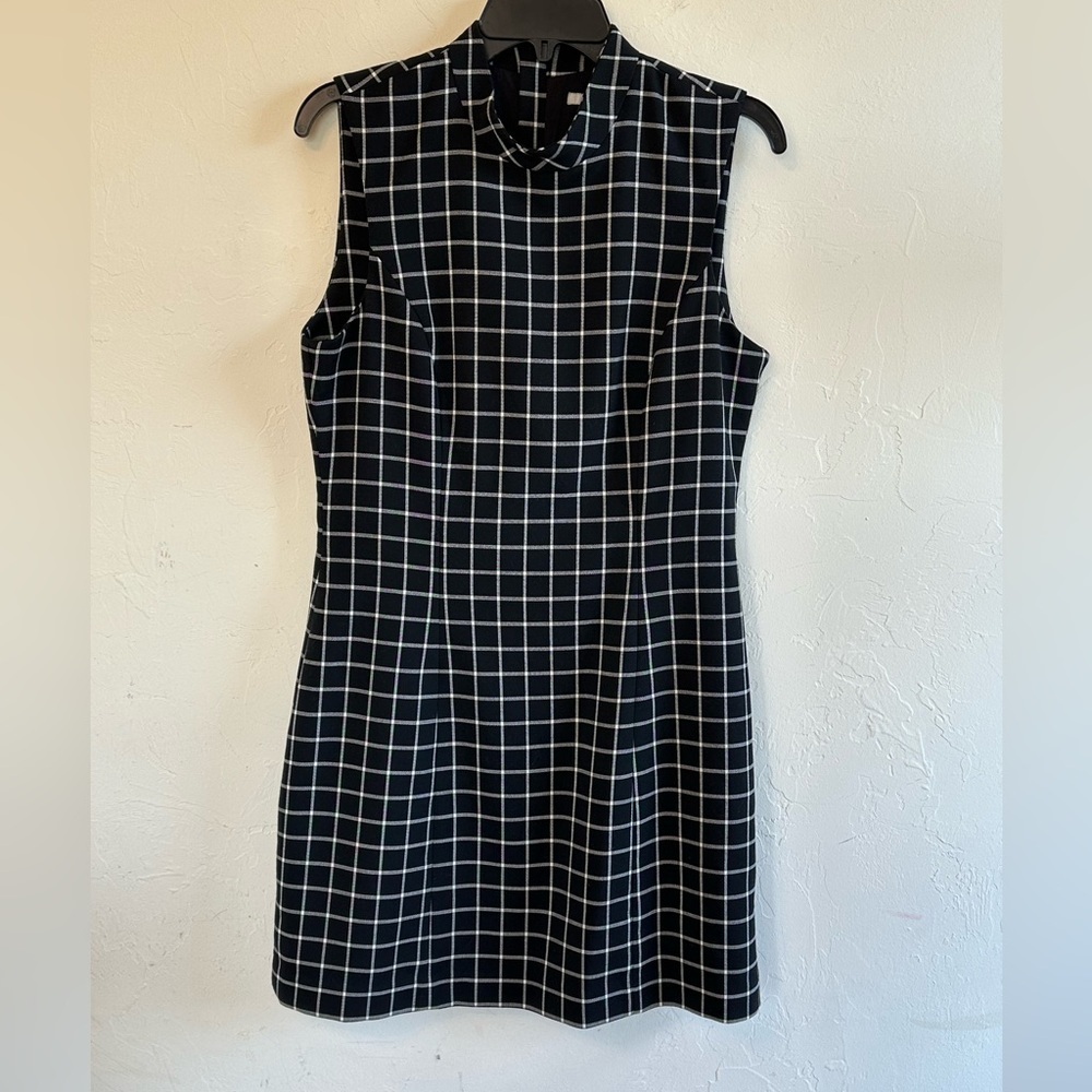 H & M Black and White Checked Mock Neck Sleeveless Career Dress Sz 12